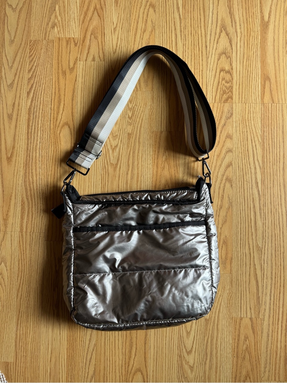 HAUTE SHORE Metallic Silver Quilted Crossbody with Striped Strap